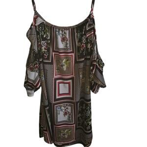 NY & Co 7th Ave Cold Shoulder Tunic Top M – Floral Patchwork Print Blouse Brown